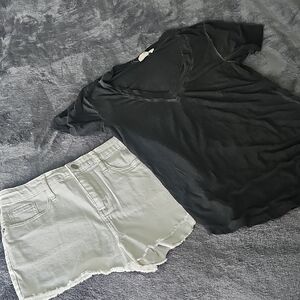 Black V-Neck Tee with Light Denim Cutoff Shorts
